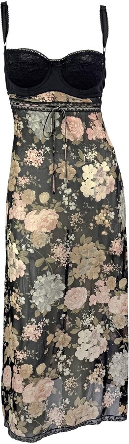 Dolce & Gabbana Nwt S/s 1997 Sheer Floral Black Lace Trim Bustier Slip Dress