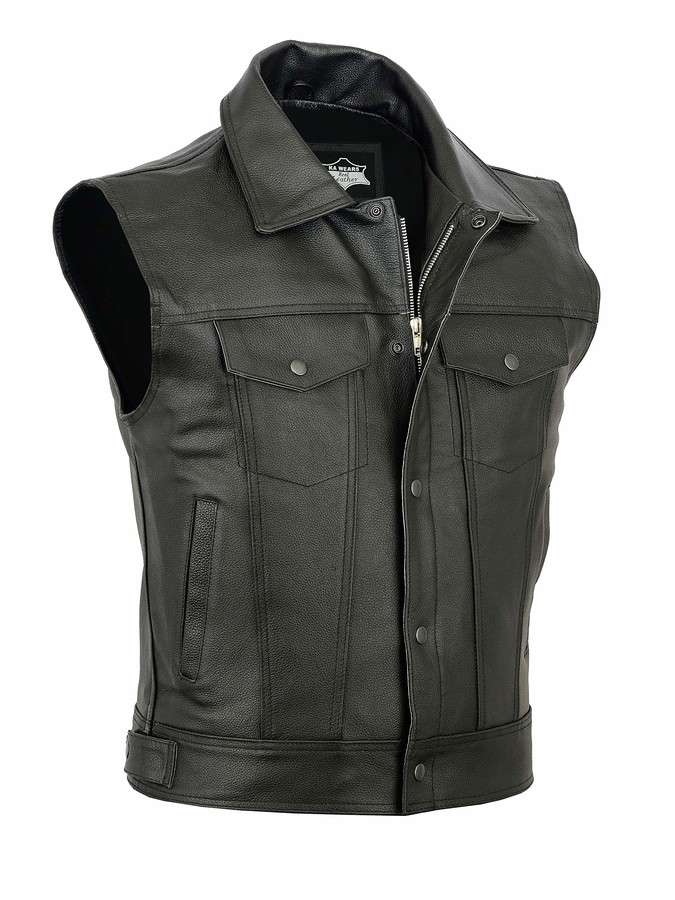 Ka Wears Mens Motorcycle Biker Real Leather Waistcoat Black Vest Jacket ...
