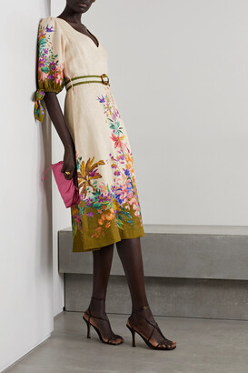 Zimmermann Tropicana Belted Floral-print Linen Dress - Cream