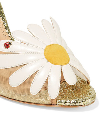 Charlotte Olympia Margherite Appliquéd Mesh And Glittered Leather Sandals - Gold