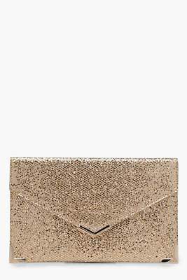 boohoo Womens Yasmin Glitter Envelope Metal Detail Clutch in Gold size One Size
