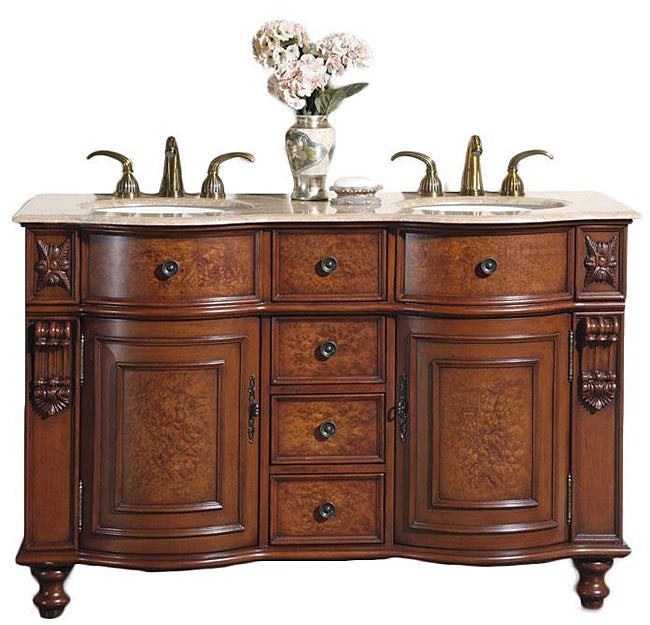 Silkroad Exclusive Wood and Travertine 55inch Double Bathroom Vanity