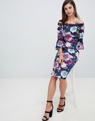 Paper Dolls Tall off shoulder floral printed pencil dress with lace trim in multi