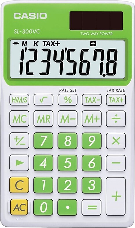 Casio SL300VC Wallet 8-Digit Battery/Solar Powered Basic Calculator, Green/White (CIOSLVCGNSIH)