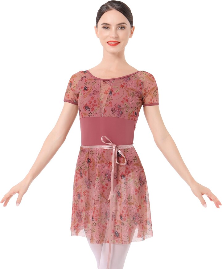 IBAKOM Ballet Leotards for Women with Mesh Sheer Skirt Floral Gymnastics Leotards Wrap Tulle