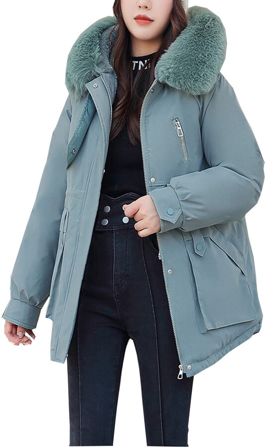 vokkrv 2022 Winter Jacket Women's Quilted Jacket with Removable Faux Fur Warm Lined Winter Down