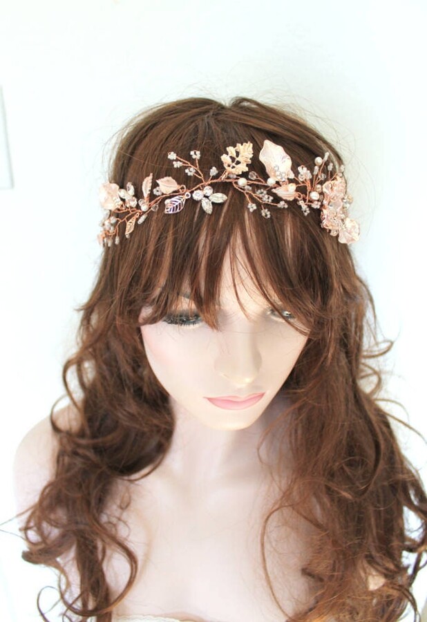 Etsy Rose Gold Leaf Vine Bridal Headpiece Crystal Pearl Wedding Halo