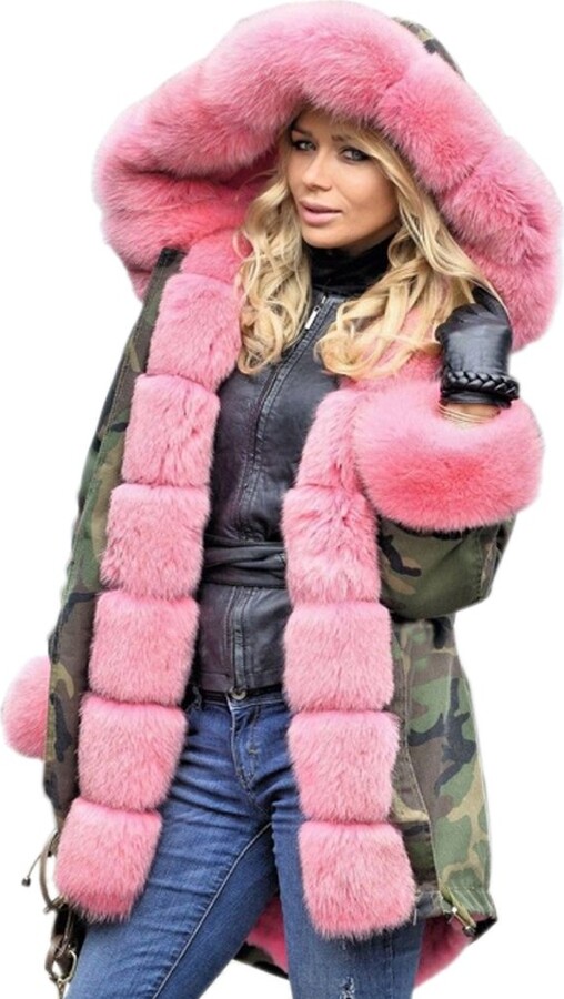 pink fluffy coat with hood