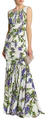 Dolce & Gabbana Ruched Floral-Print Stretch-Silk Gown