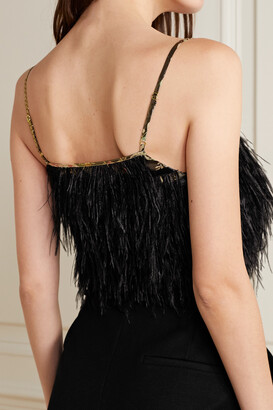 LoveShackFancy Dusty Cropped Feather-trimmed Printed Silk-crepe Camisole - Black