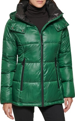 Kenneth Cole Women's Zip Down Puffer with Button Hood