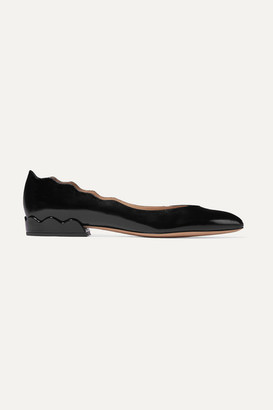 Chloé Laurena Scalloped Textured Patent-leather Ballet Flats - Black