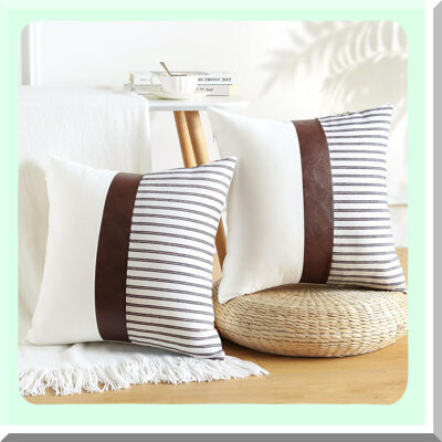 BRBCA Striped Leather Patchwork Pillow Covers - Set of 2 Farmhouse Decorative Throw Pillow Cases for Couch Bedroom Home Sofa Car -Square Cushion Covers