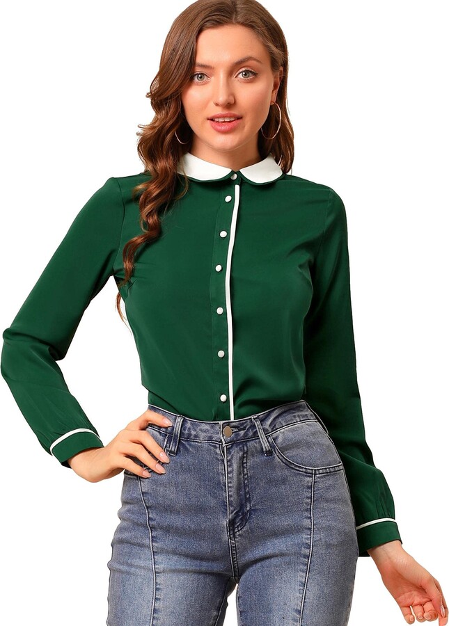 Allegra K Women's Peter Pan Collar Shirt Long Sleeve Vintage Work Button  Down Blouse Top Green XL - ShopStyle