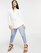 Thumbnail for your product : ASOS Petite DESIGN Petite washed double breasted linen suit blazer in white