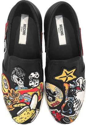 Moschino Black Leather Slip On Sneakers w/Patches
