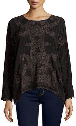 Johnny Was Alona Long-Sleeve Embroidered Georgette Top, Black, Plus Size