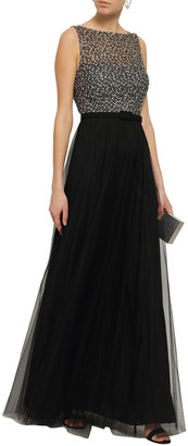 Mikael Aghal Belted Embellished Tulle Gown