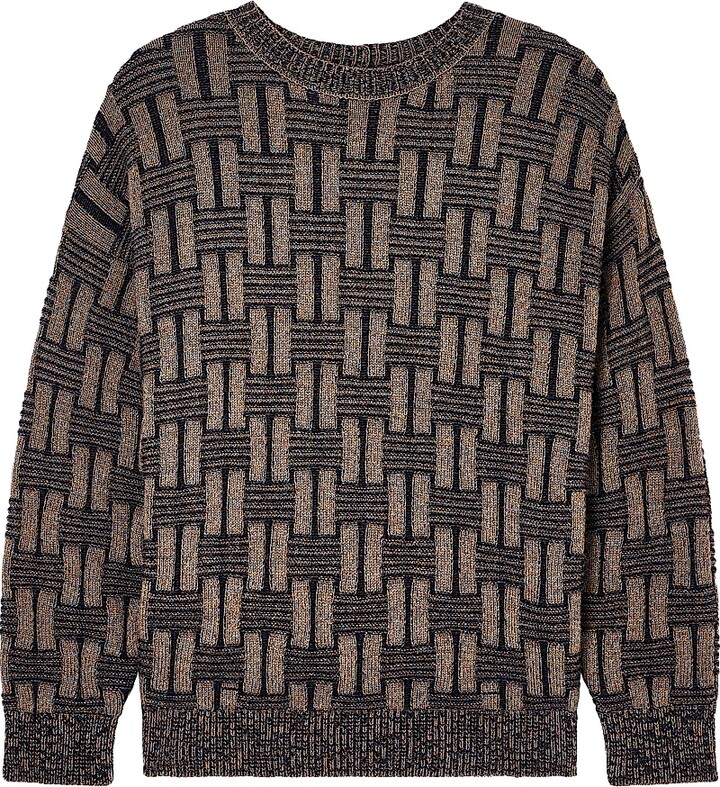 Giorgio Armani Men's Geometric Camel Wool Crewneck Sweater - Fancy Blue - Size 40