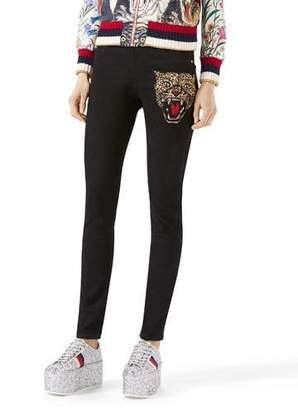 Gucci Angry Cat Embroidered Denim Pants, Black