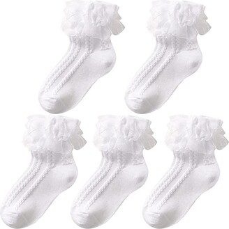 5 Pairs Girls Lace Ruffle Cotton Frilly Ankle Socks Cotton White Princess Dance Dress Socks for Little/Big Kids
