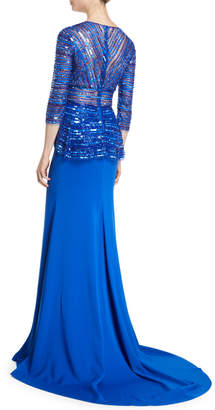 Naeem Khan Plunging-V 3/4-Sleeve Beaded-Top Trumpet Evening Gown