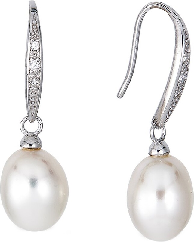 BELPEARL Silver 9mm Pearl CZ Drop Earrings