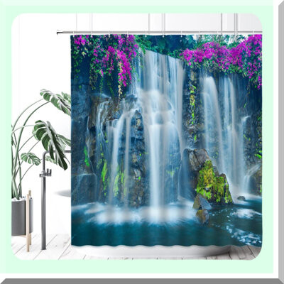 Ophelia & Co. Nature's Oasis Waterfall Shower Curtain - Purple Flowers & Green Forest Scenic Bathroom Decor