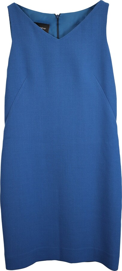 Akris V-neck Shift Dress in Blue Wool
