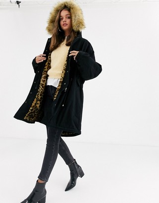ASOS DESIGN DESIGN luxe parka with faux fur animal lining in black