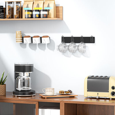 Latitude Run Mug Hooks Wall Mounted Mug Holder, Metal Coffee Cup Rack Hanger With 4 Cup Holders, Cups Storage Organizer, 2Pcs, (Black)