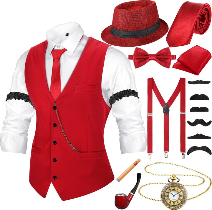 Hestya 1920s Mens Costume Accessories Outfit with Gangster Vest Fedora