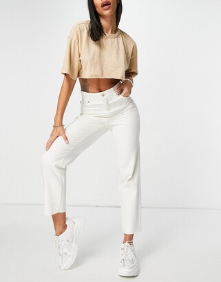 Bershka cotton paperbag waist cropped straight jean in white - CREAM -  ShopStyle
