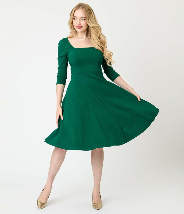 Unique Vintage Square Neck Pleated Swing Dress