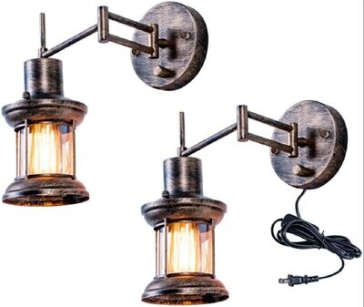11.8+11.8 SUSUO Lighting Vintage Style Rustic Wall Sconce Swing Arm Wall Lamp with Metal Dome Shade arm Length 