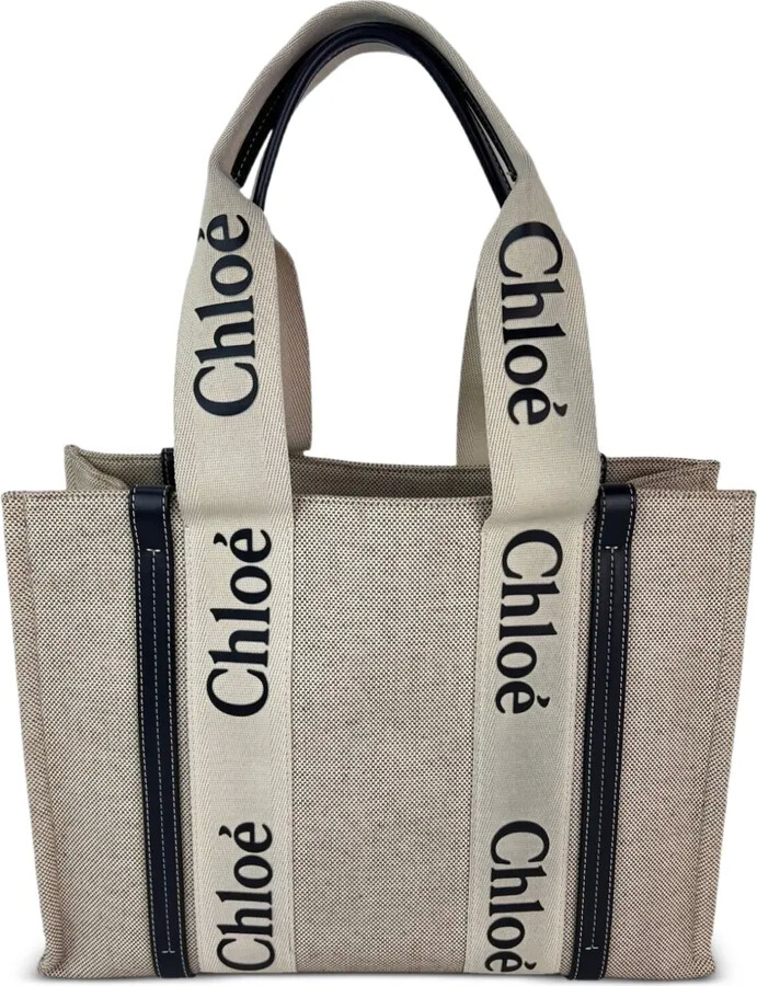 Chloé Vintage medium Woody ribbon-trim canvas tote bag