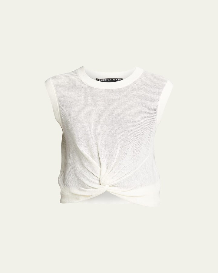 Veronica Beard Kellen Crewneck Cap-Sleeve Twist-Front Sweater