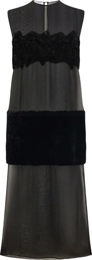 Ferragamo Lace-Shearling Panel Midi Dress