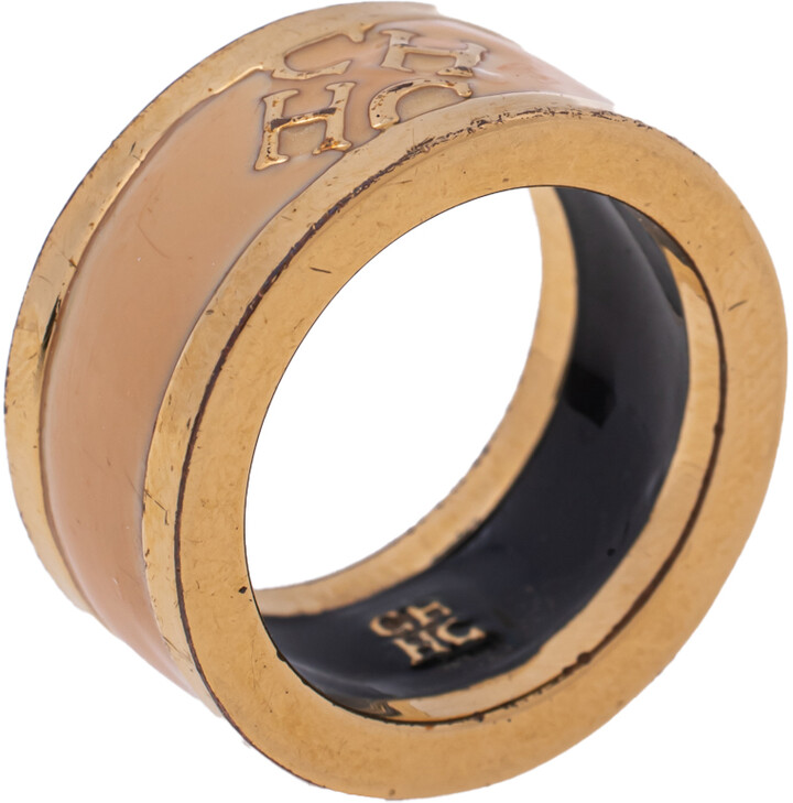 Carolina Herrera CH Black Enamel Gold Tone Band Ring Size 56 - ShopStyle