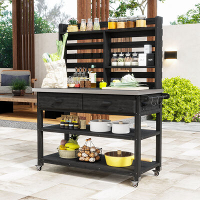 Lark Manor Fir Wood Outdoor Potting Bench with Stainless Steel Tabletop, Storage and Adjustable Top Rack