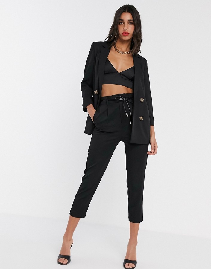 Stradivarius relaxed tailored pants with belt in black - ShopStyle