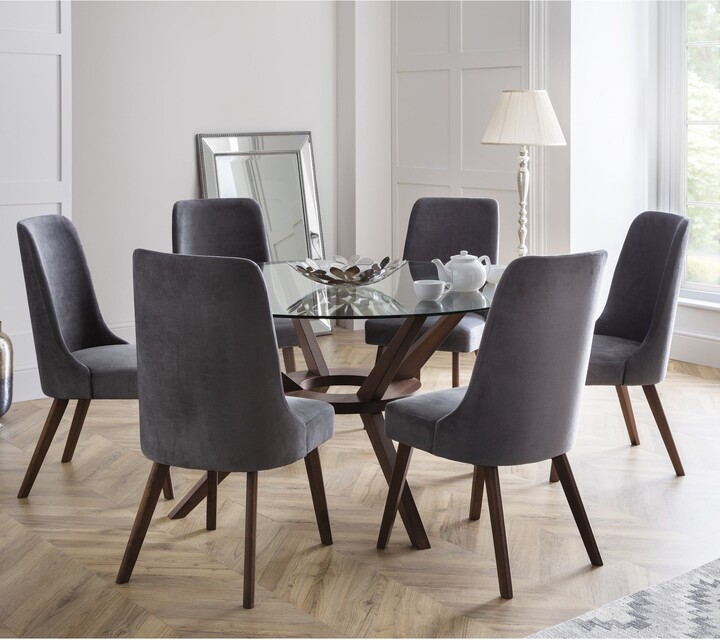 Dunelm Chelsea Round Glass Top Dining Table with 6 Huxley Chairs Brown