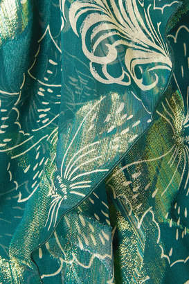 Anna Sui Butterfly Feather Printed Metallic Fil Coupe Silk-blend Chiffon Midi Dress - Dark green