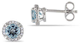 Concerto Blue Topaz Sterling Silver and 0.07 TCW Diamond Halo Stud Earrings