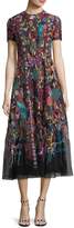 Thumbnail for your product : Valentino High-Neck Short-Sleeve Carpet-Embroidered Midi Dress