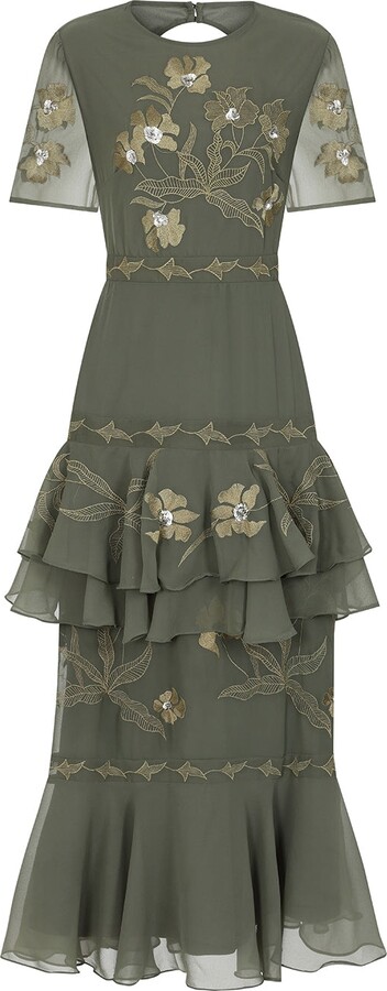 Frock and Frill Green Aluma Olive Embroidered Midaxi Dress