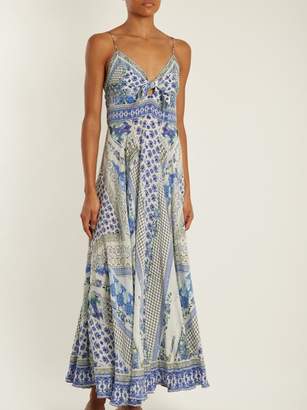 Camilla Salvador Summer Print Tie Front Silk Dress - Womens - Blue Multi