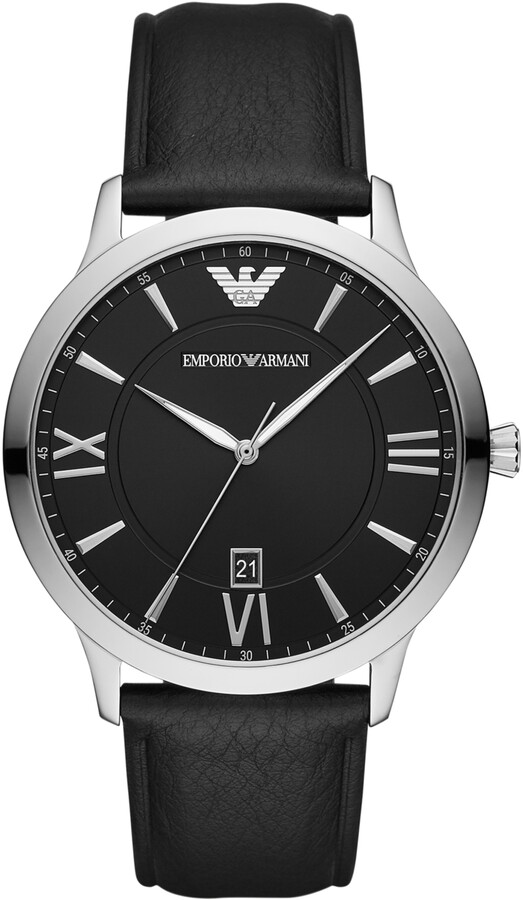 Emporio Armani Men's Black Leather Strap Watch 44mm
