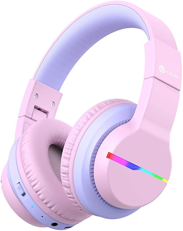 iClever BTH12 Kids Headphones, Colorful LED Lights Kids Bluetooth Headphones with 74/85/94dB Volume Limited Over Ear, 40H Playtime, Bluetooth 5.0, Built-in Mic for School/Tablet/PC/Airplane, Pink