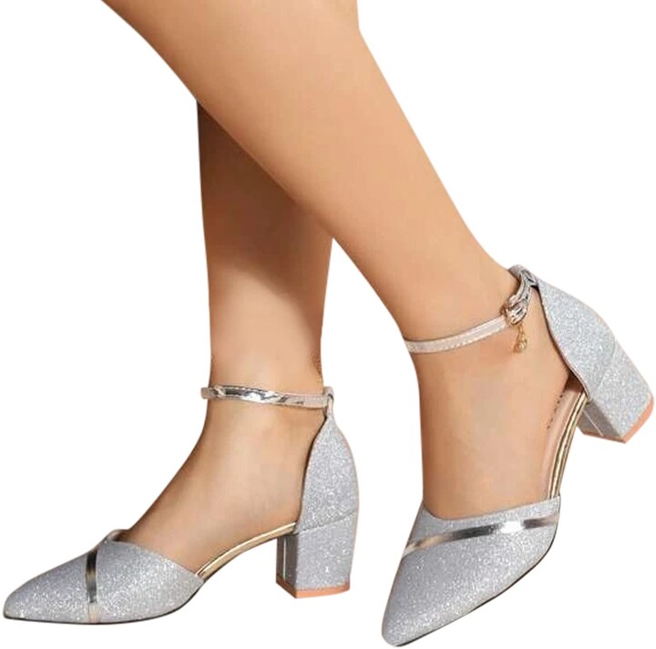 1997 Womens Dress Pump Low Heel Ankle Strap Office Ladies Pointed Toe Shoes  Summer Chunky Heels Closed Toe Glitter Sandal Travel Wedding Evening Party ( Silver 5 UK) - ShopStyle